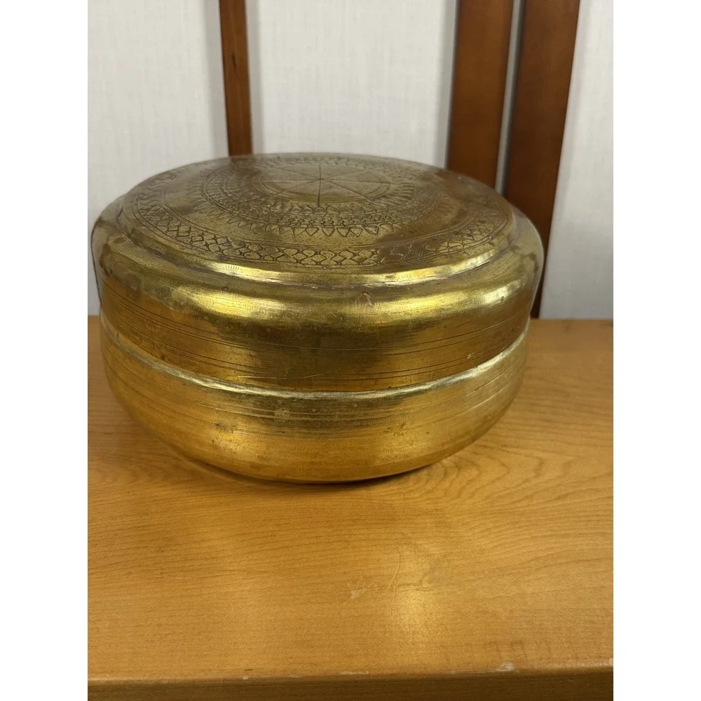 Indian Brass Etched Donut Box Chapati Canister Bowl Lidded Eclectic 8